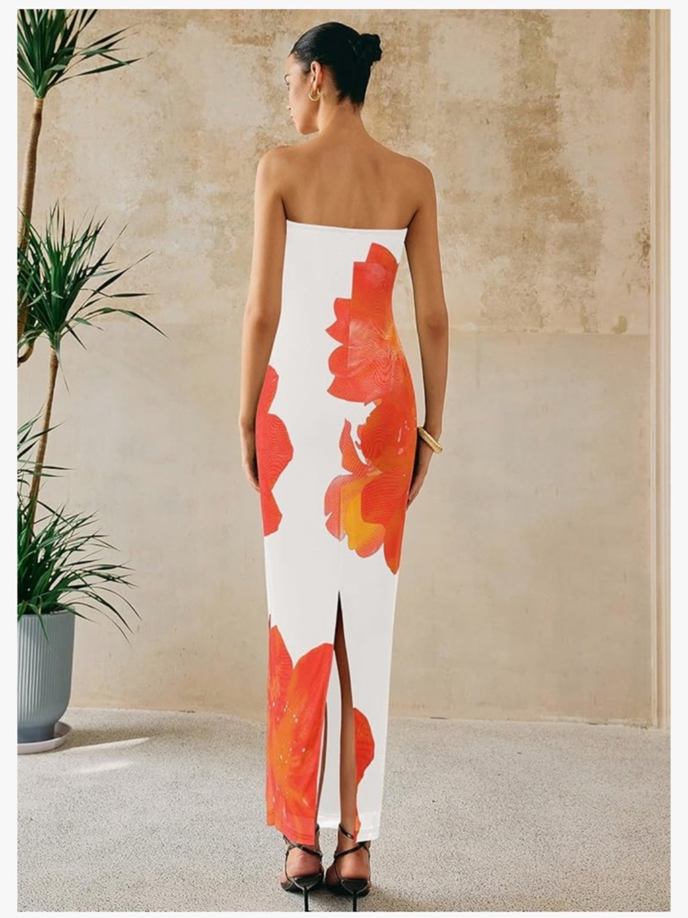 Strapless White Maxi Dress with Orange Floral Accents